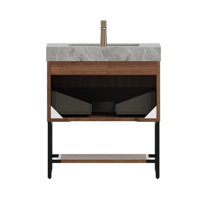 YOLAN 30" Bathroom Vanity&Sink, Freestanding Striped Plywood Storage Cabinet with Drawer&Open Shelf, Light Gray Sintered Stone Top&Undermount Ceramic Basin, Pre-assembled, Dark Walnut Woodgrain Color image 4