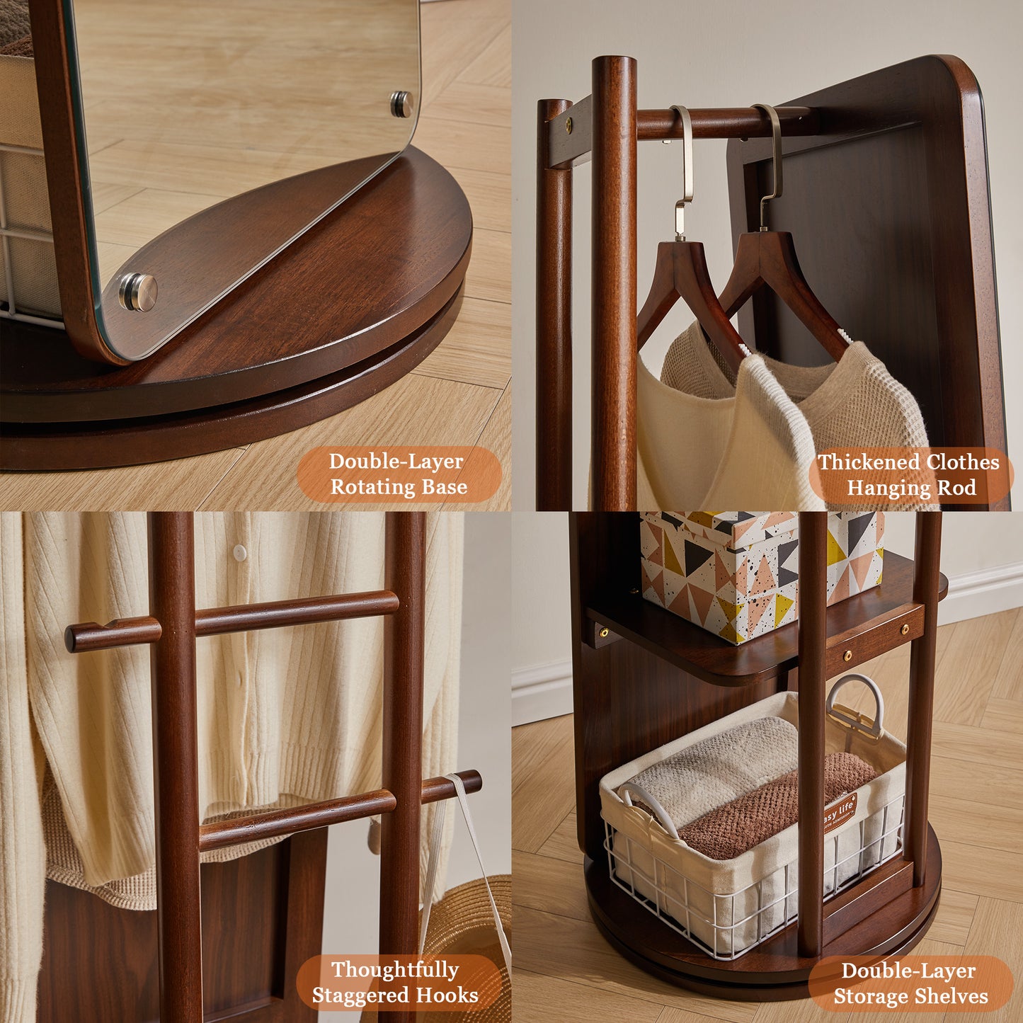 Rotating Full Length Mirror with Clothes Rack, Freestanding Solid Wood Storage Mirror for Bedroom Living Room image 8
