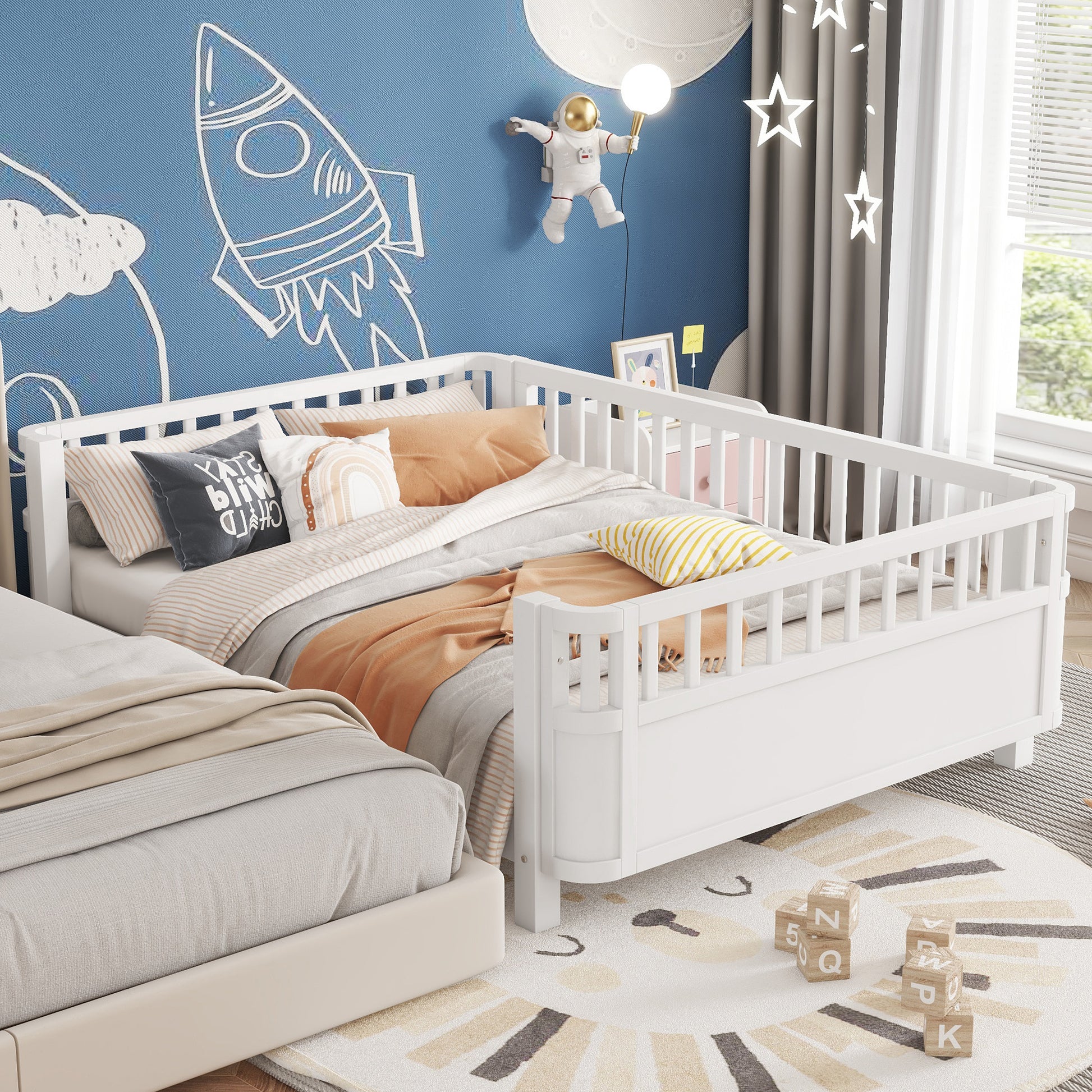 Full Size Wood Platform Bed for Kids, Wood Low Profile Full Bed with Rails for Girls and Boys, White (Patented Design, Old SKU W2593P233767) image 4