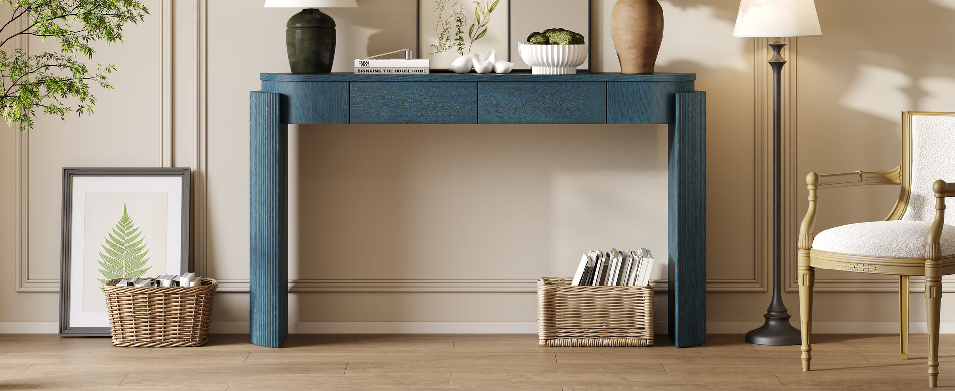 TREXM Entryway Table with Natural Wood Grain Finish, Console Table with Fluted Design, Oval Top and 2 Drawers for Entryway and Living Room (Navy) image 9