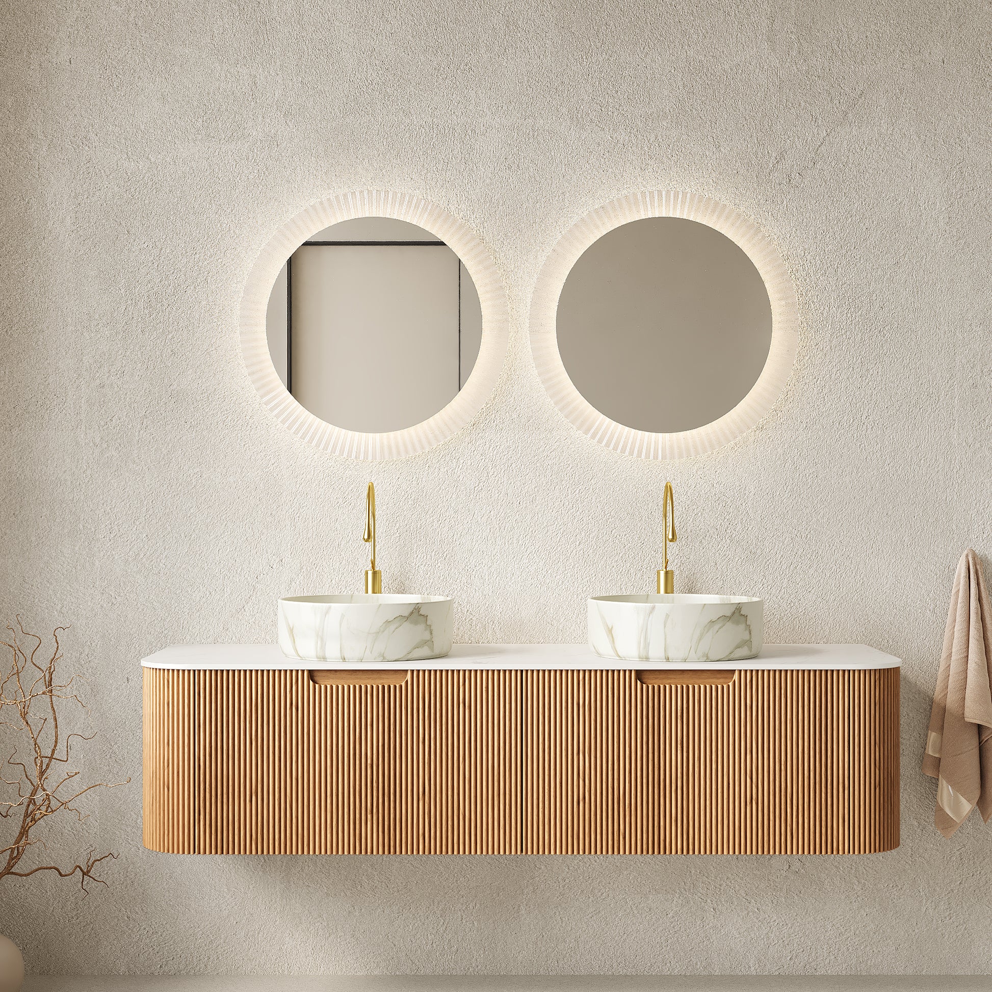 DINA 60" Bathroom Vanity&Sinks, Floating Curved Edges Striped Storage Cabinet with 2 Drawers, 2 Stone White Round Ceramic Basins&Carrara White Sintered Stone Top, Pre-assembled, Natural Woodgrain image 1