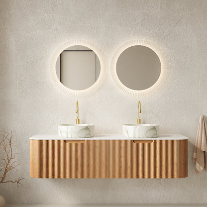 DINA 60" Bathroom Vanity&Sinks, Floating Curved Edges Striped Storage Cabinet with 2 Drawers, 2 Stone White Round Ceramic Basins&Carrara White Sintered Stone Top, Pre-assembled, Natural Woodgrain image 1
