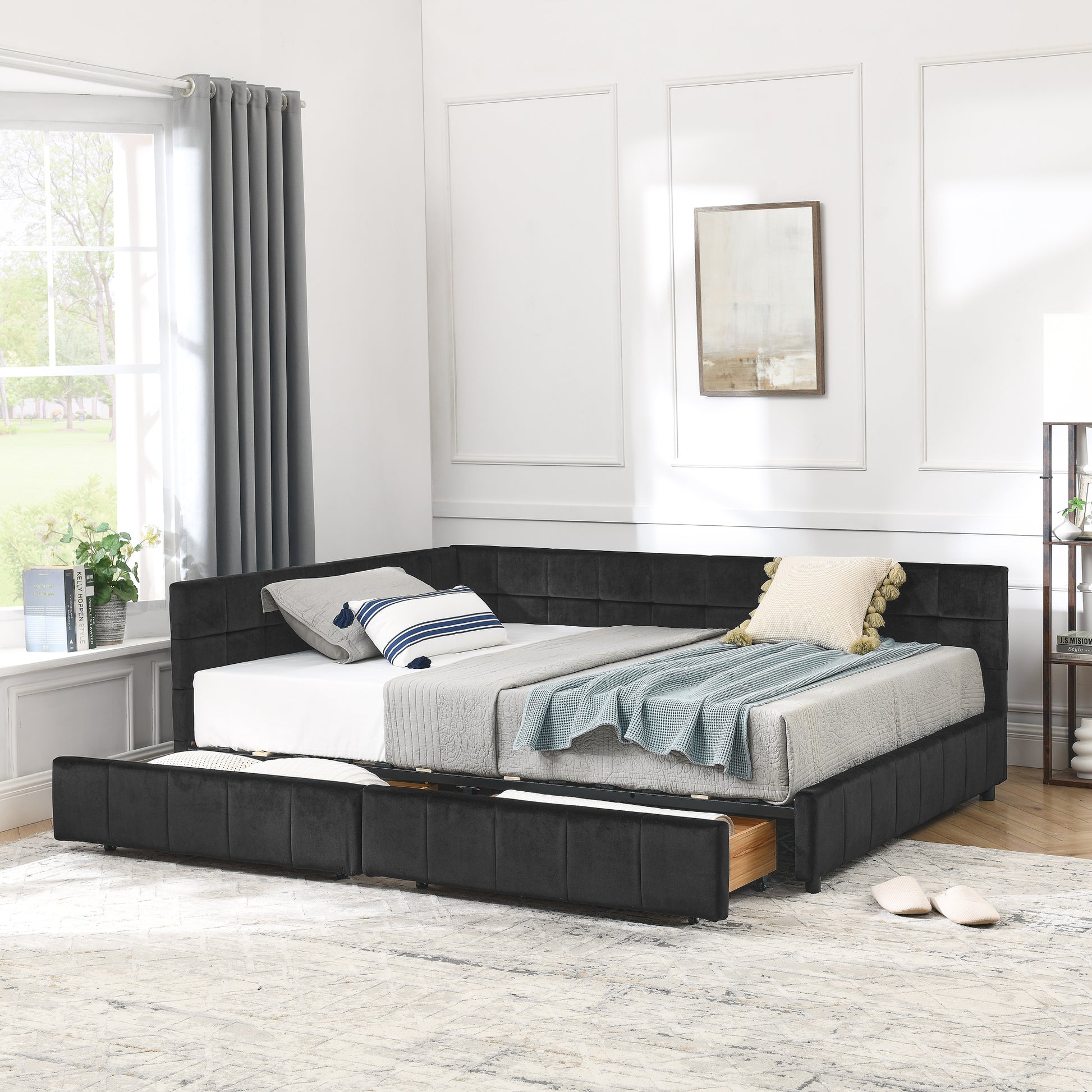 Full Size Storage Upholstered Tufted Bed Frame, Sofa Bed Frame with Comfortable Backrest and Armrests, Full Size Bed for Bedroom, Living Room,Velvet, BLACK(80.5''*59''*29.5'') image 2