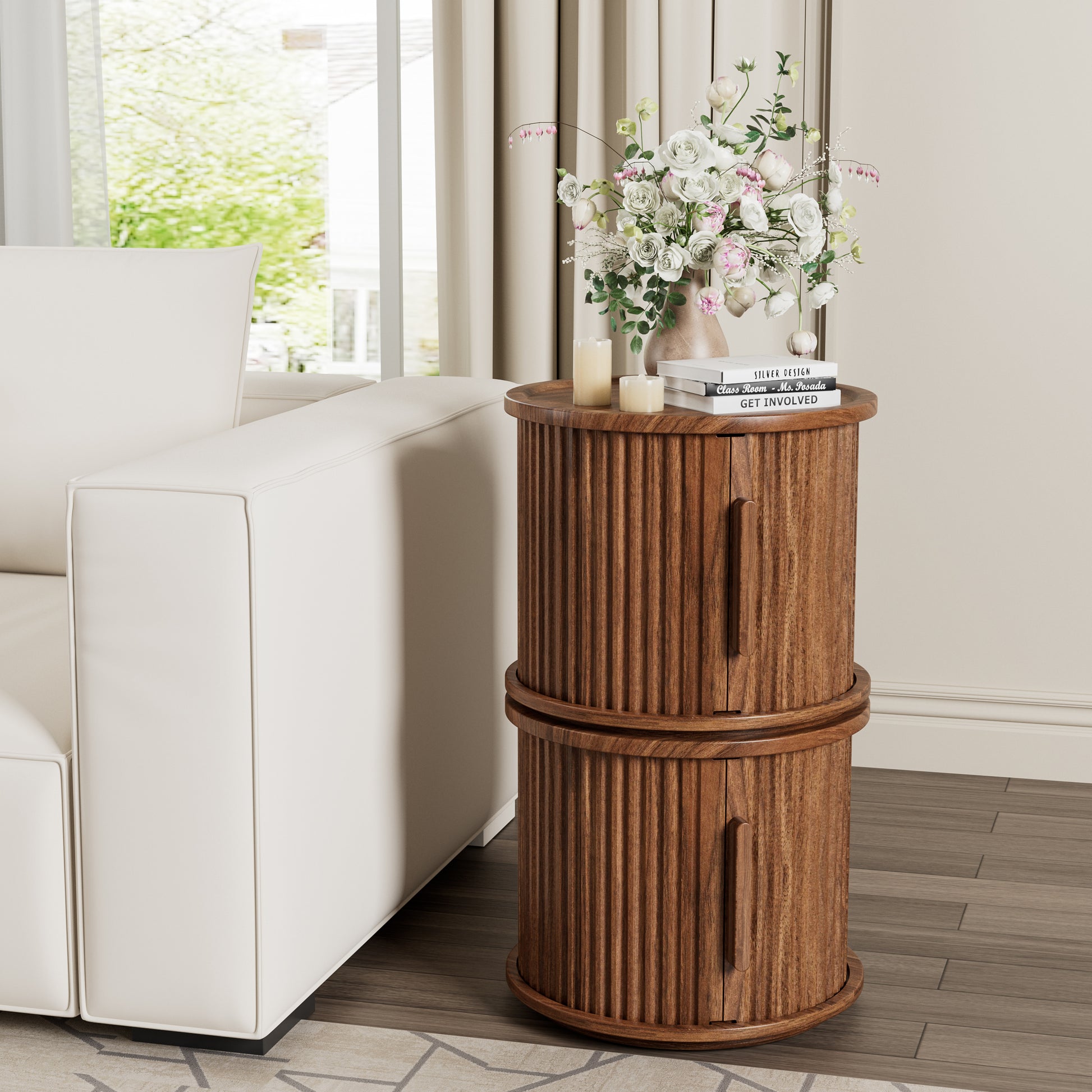 2Piece Round Coffee Table Set, Modern Nesting Side Tables with Sliding Door Storage, Walnut Finish Sofa End Table & Bedside Nightstand for Living Room & Bedroom, Fluted Roman Column Design Accent Tab image 12