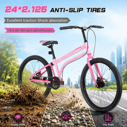 24 Inch Kids Bike for Girls & Boys Ages 10+, Single Speed Teen Bike with Dual Disc Brakes, Lightweight Steel Frame, Multiple Colors image 4