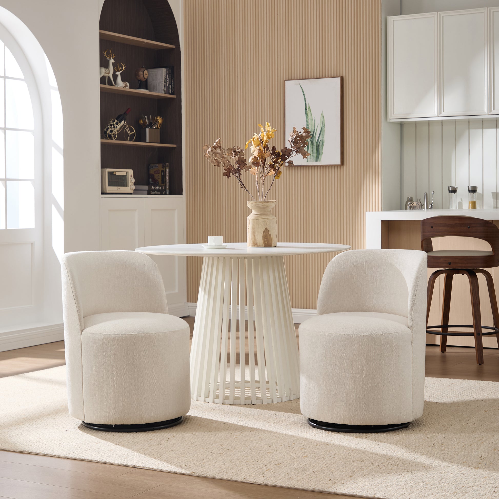 Set Of 1 Upholstered Kitchen & Dining Room Barrel Chair, Mid Century Modern Round Linen Dining Chair, 360 Degree Swivel Comfy Armless Accent Makeup Vanity Side Chair for Bedroom Living Room image 8