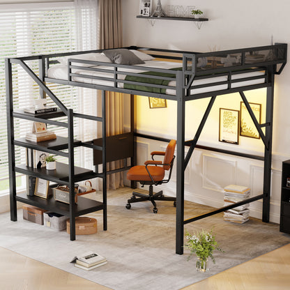 Queen Size Loft Bed with Foldable Desk and Charging Station,Metal Queen Loft Bed with Light Strip and Staircase Storage for Kids Teens Adults, Patent Products,Black(Expect Arrival Date 2026/4/10) image 2