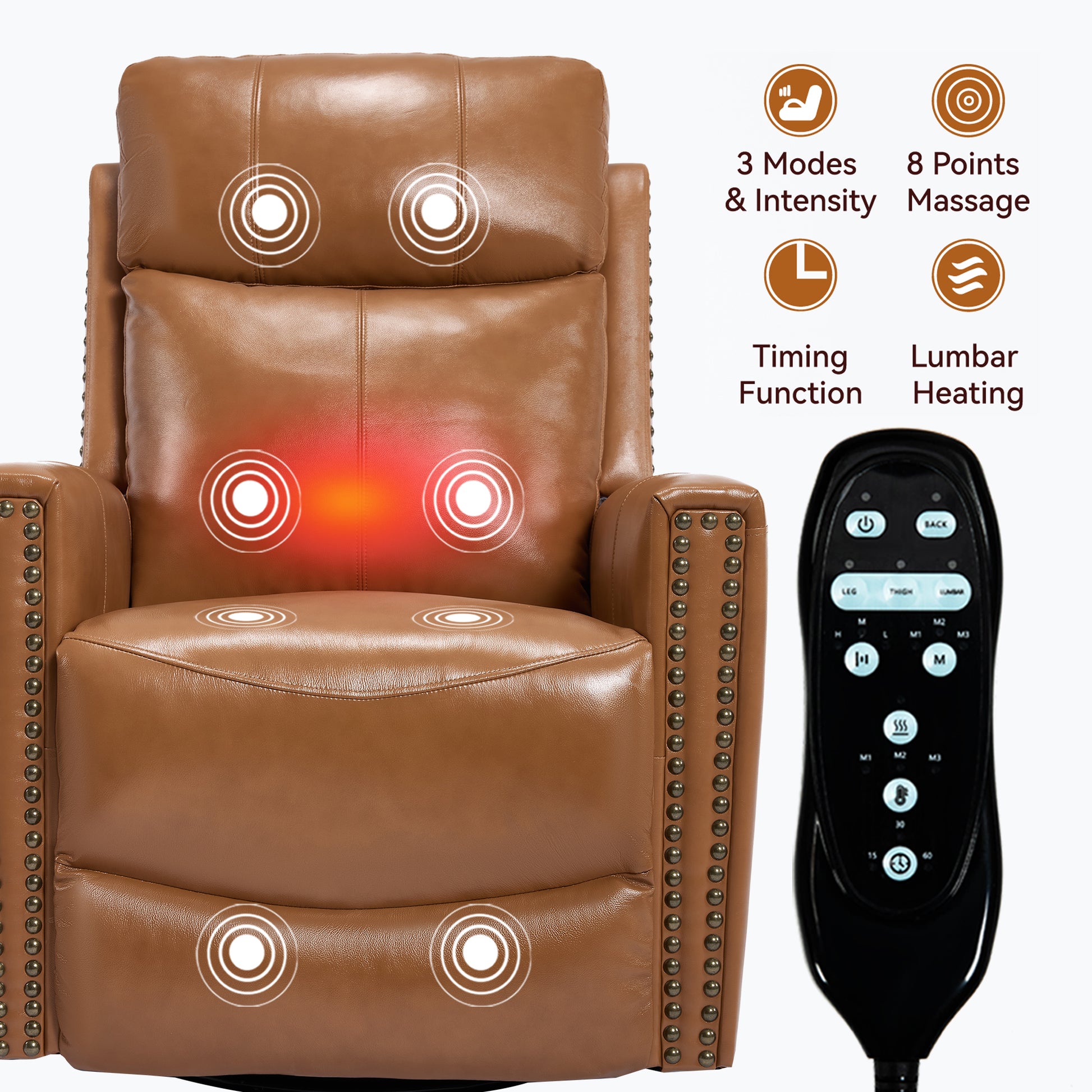 Orange Gnuine Leather Heat Massage Manual Recliner Chair with Rocker and Swivel for Living Room image 9