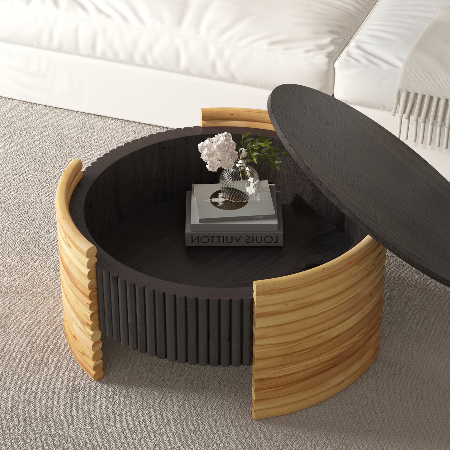 31.50" Modern Colorblocked Striped Coffee Table with Flip Top Storage Coffee Table - Natural Wood Finish for Living Room, Apartment, Office, Easy to Assemble, Dark Brown Tabletop + Wooden Color image 2