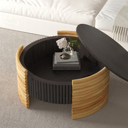 31.50" Modern Colorblocked Striped Coffee Table with Flip Top Storage Coffee Table - Natural Wood Finish for Living Room, Apartment, Office, Easy to Assemble, Dark Brown Tabletop + Wooden Color image 2
