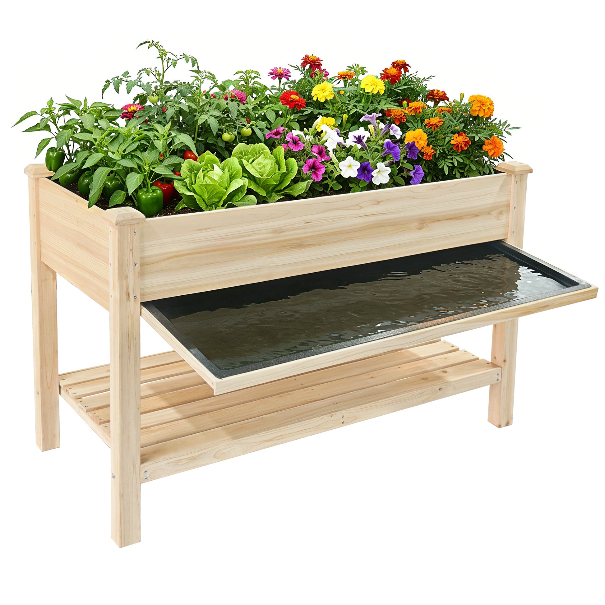 Raised Garden Bed 48x23x31.1-inch Elevated Wood Planter with Water Collection Tray, Storage Shelf, Protective Liner image 1