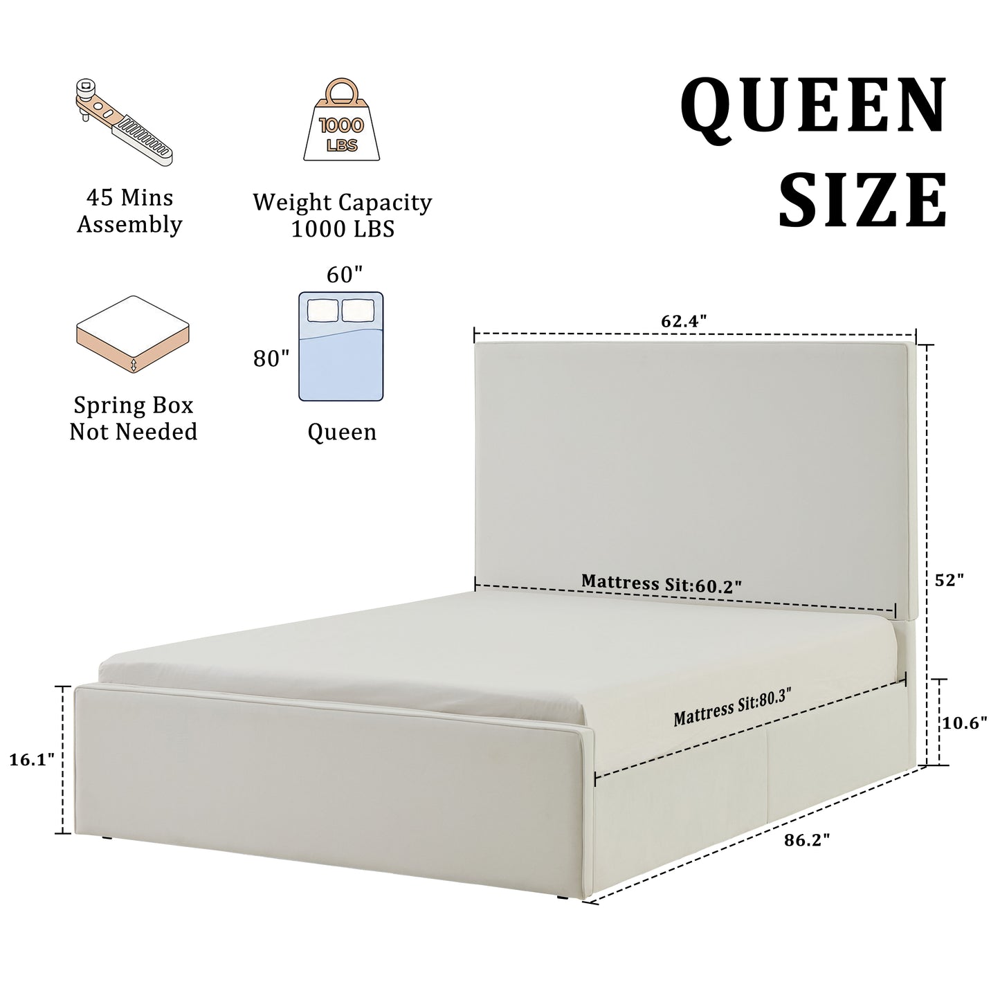 Lucas Tall Headboard Upholstered Bed / 52" High Headboard / Elegant Simplicity / No Box Spring Needed / Easy Assembly / Queen / Coconut Micro Suede image 6