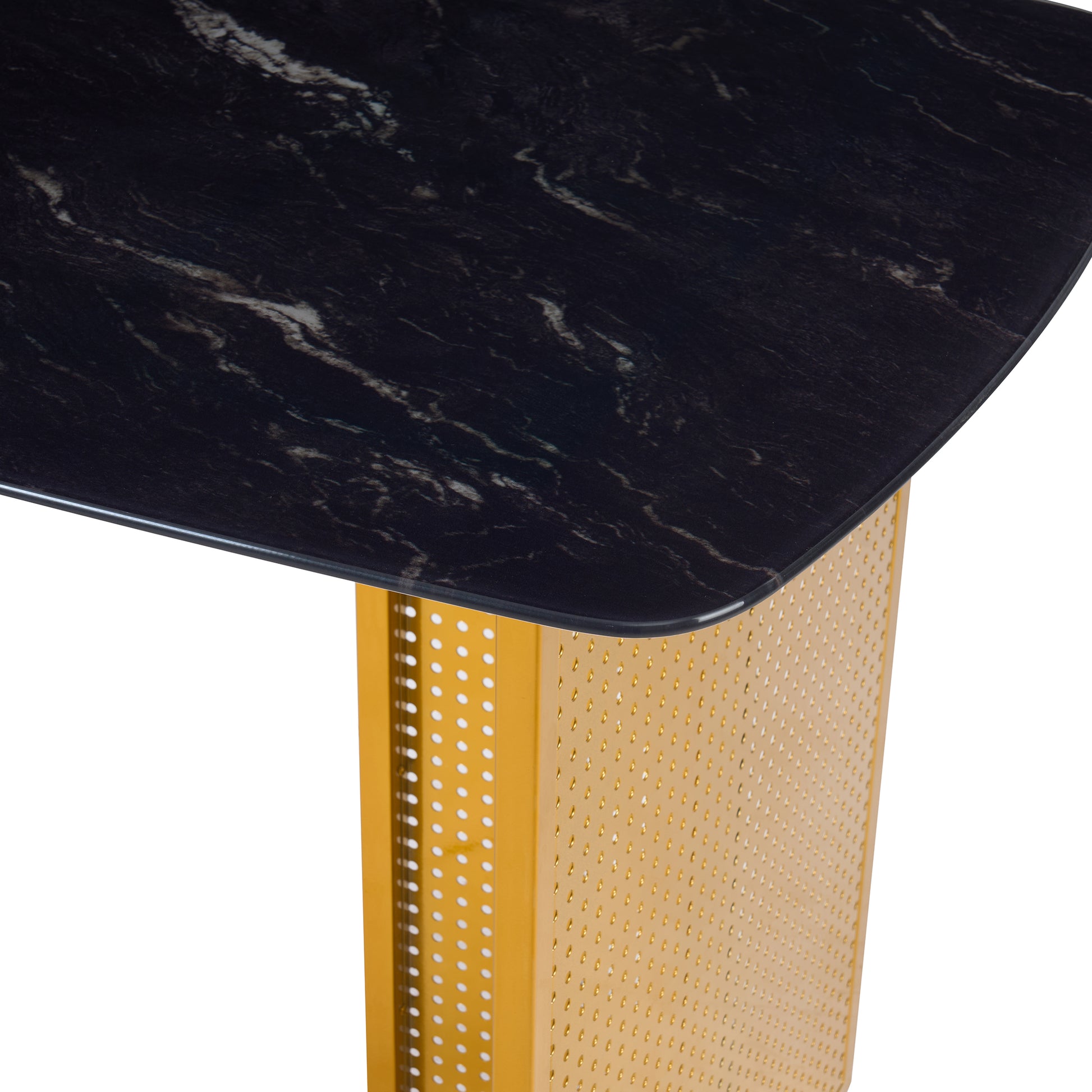 Modern-Style Rectangular Tempered Glass Dining Table for 6, Featuring a Marble-Patterned Design with Golden Hollow-Out Metal Legs, an Ideal Dining Table for Living Rooms and Home Offices. image 10