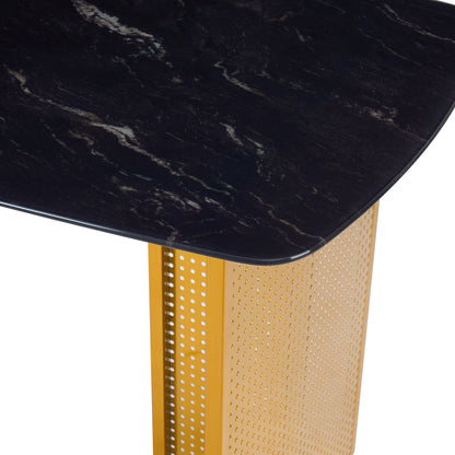 Modern-Style Rectangular Tempered Glass Dining Table for 6, Featuring a Marble-Patterned Design with Golden Hollow-Out Metal Legs, an Ideal Dining Table for Living Rooms and Home Offices. image 10