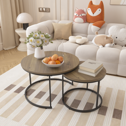 27.6" Nesting Coffee Table Set of 2, Round Coffee Table Wood Marble Pattern Top with Sturdy Metal Frame, End Table Side Tables for Living Room Bedroom Balcony Yard (Brown) image 1