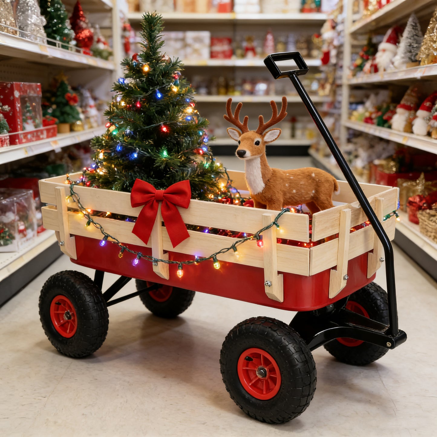 outdoor sport wagon tools cart wooden side panels air tires Wagon (red) image 2