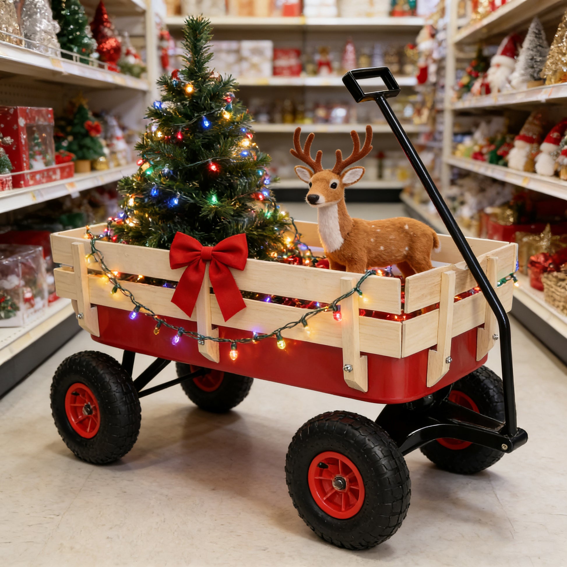 outdoor sport wagon tools cart wooden side panels air tires Wagon (red) image 2
