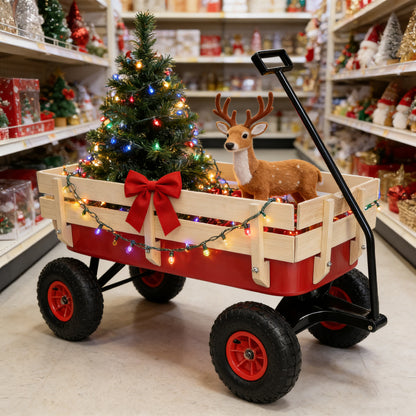 outdoor sport wagon tools cart wooden side panels air tires Wagon (red) image 2