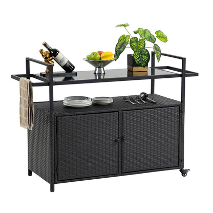 Outdoor Wicker Bar Cart, Patio Wine Serving Cart w/Wheels, Rolling Rattan Beverage Bar Counter Table w/Glass Top for Porch Backyard Garden Poolside Party, Black image 12