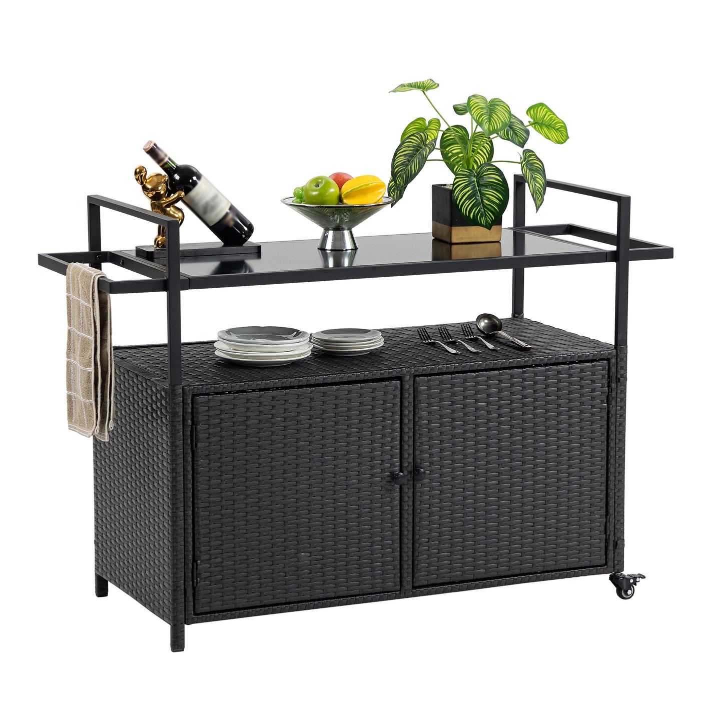 Outdoor Wicker Bar Cart, Patio Wine Serving Cart w/Wheels, Rolling Rattan Beverage Bar Counter Table w/Glass Top for Porch Backyard Garden Poolside Party, Black image 12