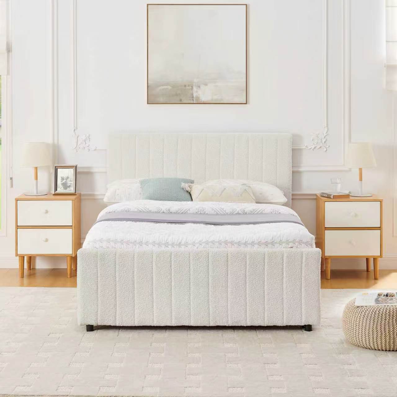 Full Size Vertical Striped Space Saving Upholstered Pull-out Bed with High Padded Back, Hidden Trundle Guest Bed Single to Double for Bedroom & Guest Room, Chenille image 4