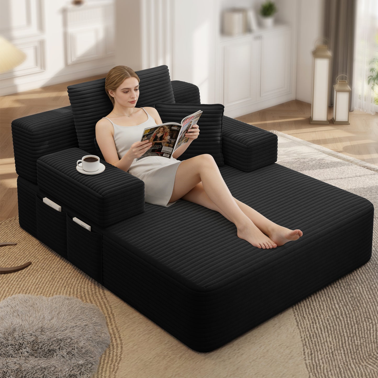 Luxurious Plush Corduroy Chaise Lounge with 3 Pillows, Convertible Sofa Bed with Storage Pocket, Frameless Design & Compression Foam for Small Spaces, Living Room, Apartment,Black image 12