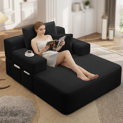 Luxurious Plush Corduroy Chaise Lounge with 3 Pillows, Convertible Sofa Bed with Storage Pocket, Frameless Design & Compression Foam for Small Spaces, Living Room, Apartment,Black image 12