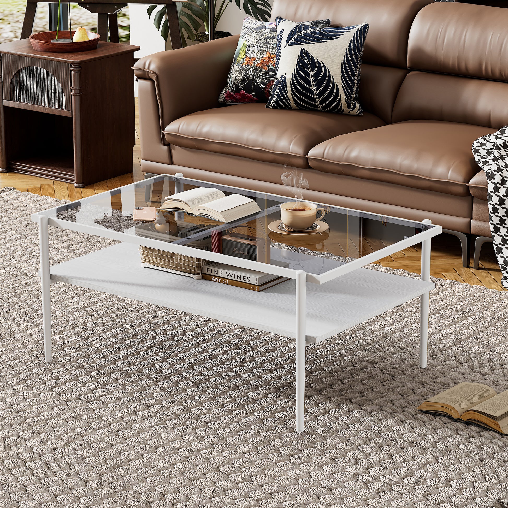 Rectangle Coffee Table with Gray Tempered Glass top and White Legs, Modern Table for Living Room image 1