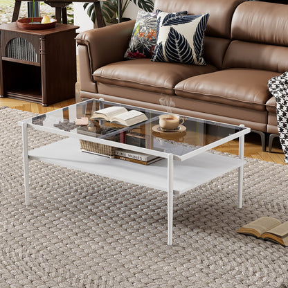 Rectangle Coffee Table with Gray Tempered Glass top and White Legs, Modern Table for Living Room image 1
