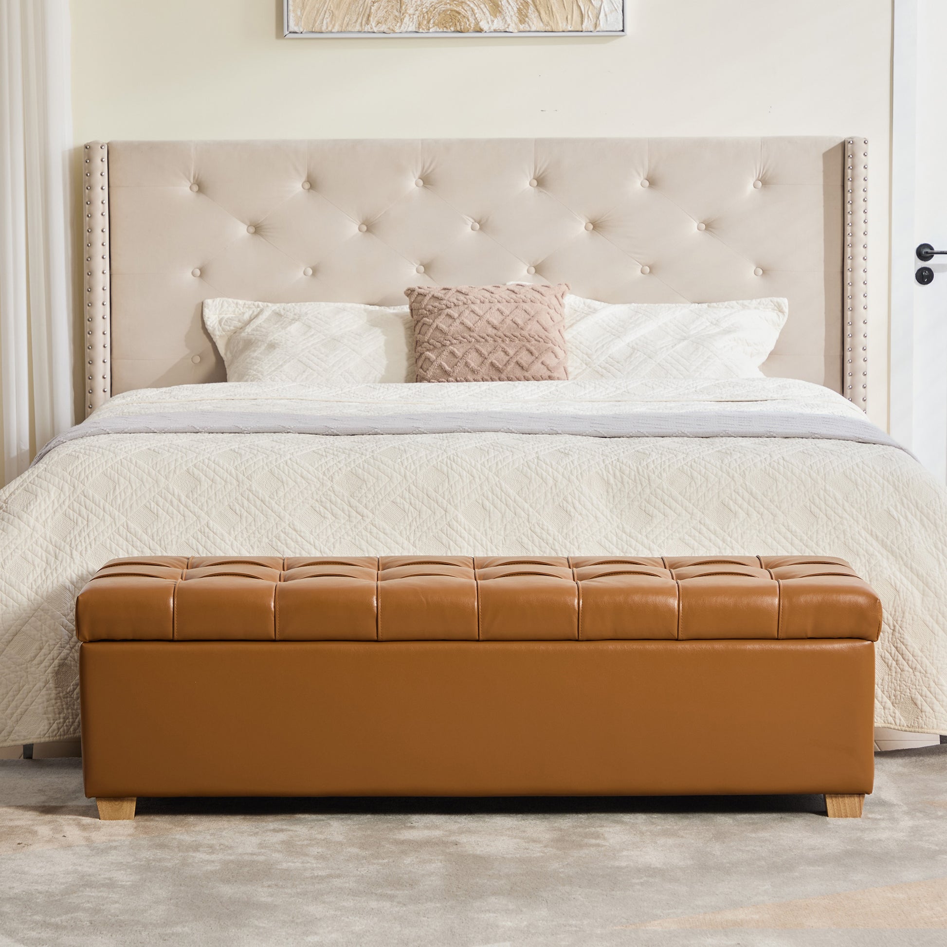 60.2'' Wide Upholstered PU Storage End of Bed Bench, Tufted Flip-Top Accent Window Bench Footrest Stool Ottoman with Legs for Living Room, Bedroom, Entryway, Dining Room, Dorm, Corner, Burnt Brown image 3