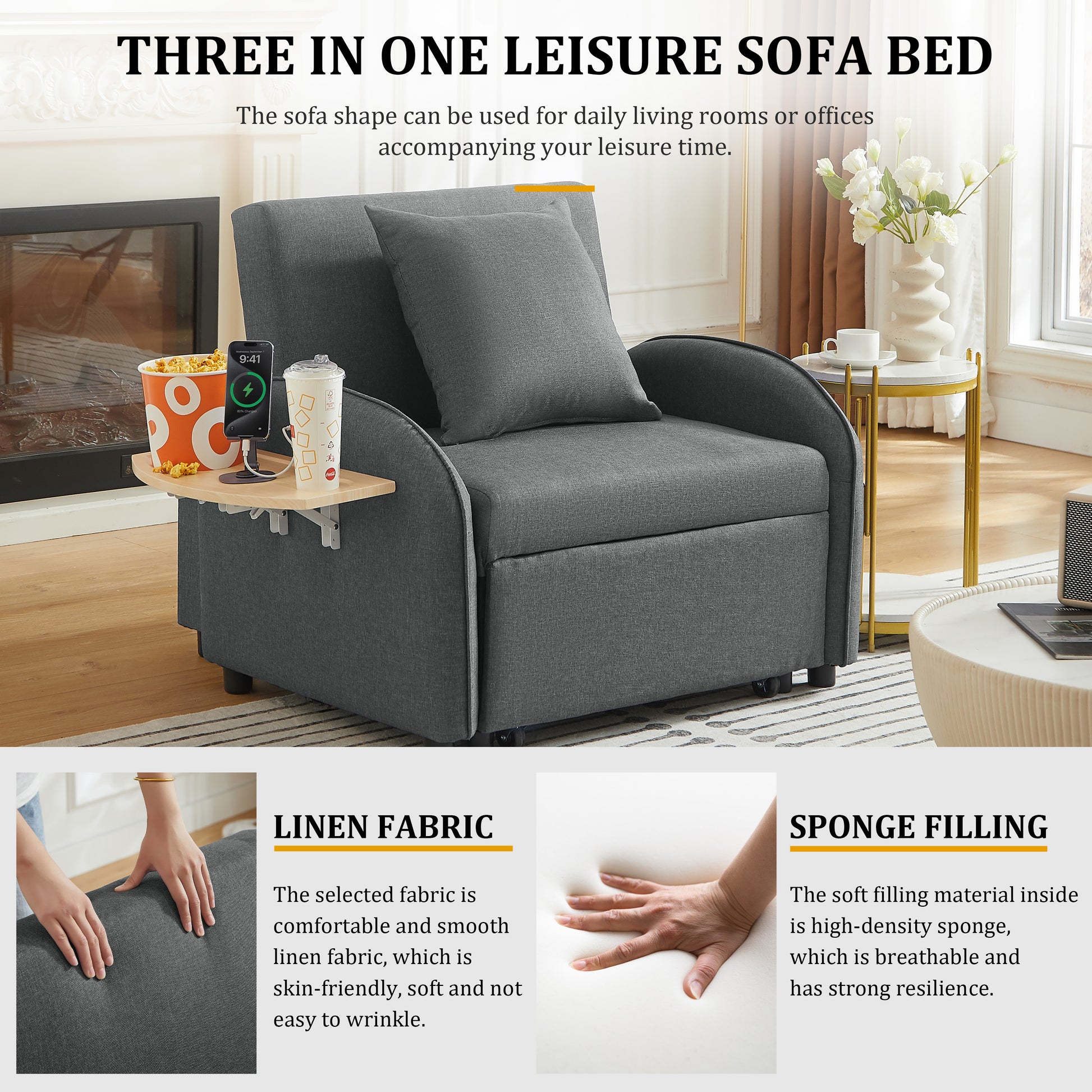 Sleeper Sofa Chair Bed, 3 In 1 Convertible Sofa Chair With Adjustable Backrest & Foldable Table & USB, Type-C, Adjustable Recliner, Armchair For Living Room Bedroom Apartment Small Space,Darkgray image 7