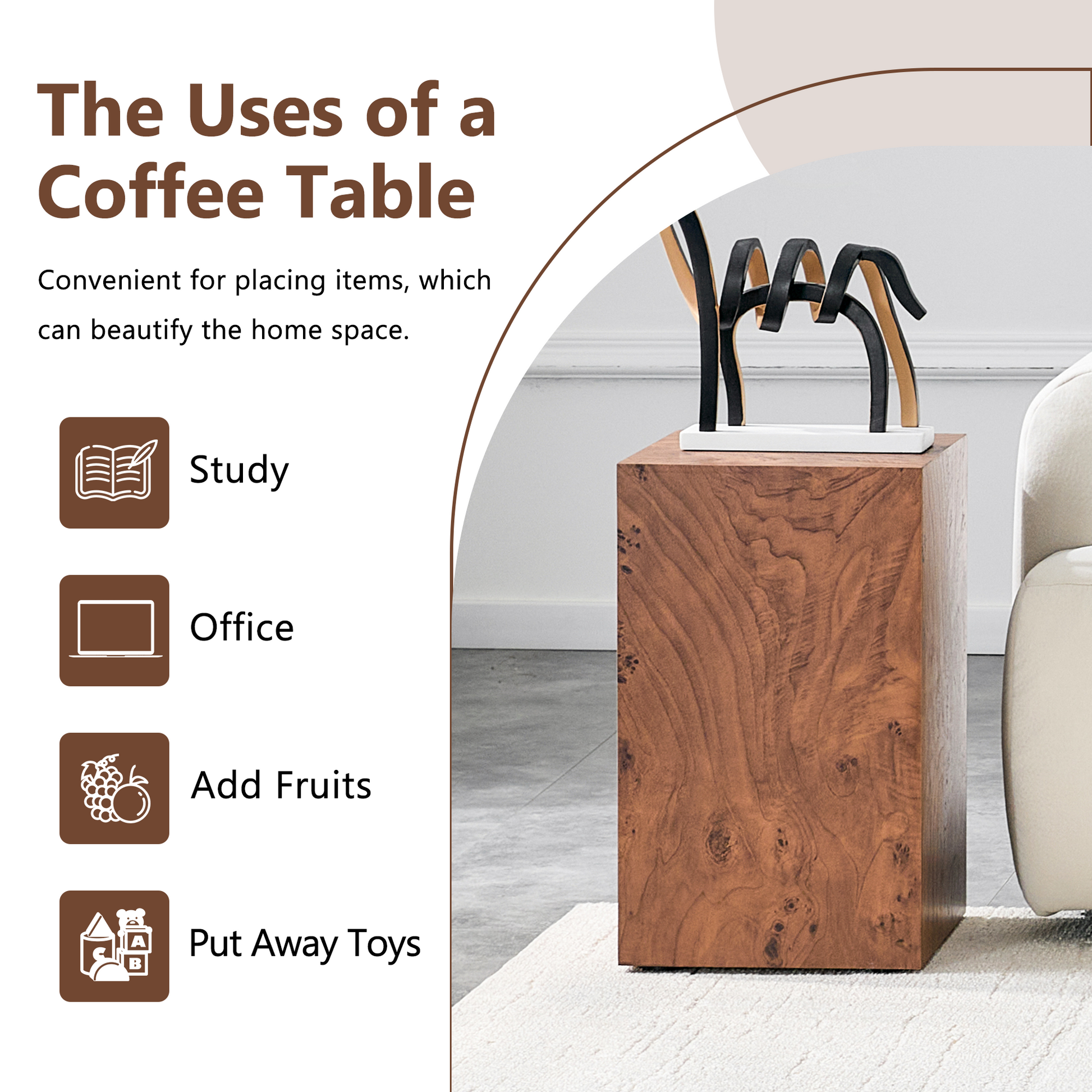 Premium Burl Walnut Veneer MDF Cube Table, Height Adjustable Multi-purpose Coffee Side End Table for Living Room, 11.8"×11.8"×19.7", No Extra Items Included image 4