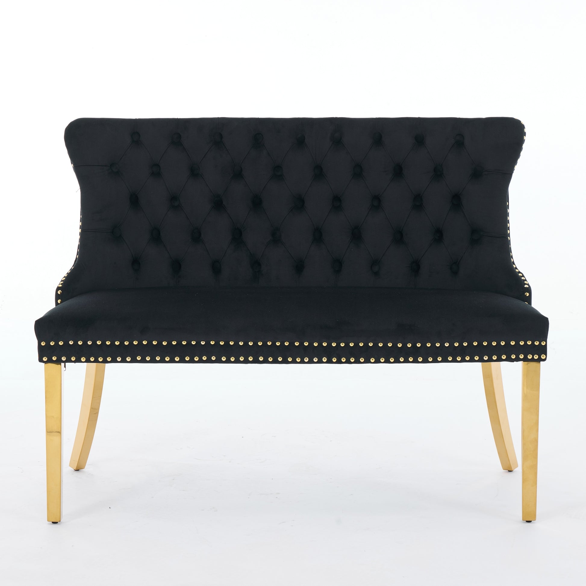 Velvet Double Dining Loveseat Bench, Kitchen & Dining Seating, 2-Seat Tufted Bench w/Handmade Buttons, Wing Back, Gold-Plated Steel Legs, Mid Century Modern,Single Pack,Black,SW1602BK image 2