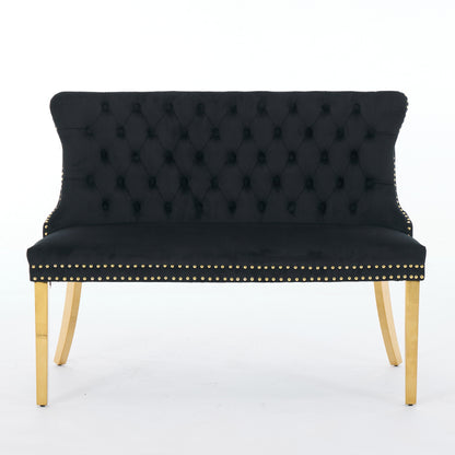 Velvet Double Dining Loveseat Bench, Kitchen & Dining Seating, 2-Seat Tufted Bench w/Handmade Buttons, Wing Back, Gold-Plated Steel Legs, Mid Century Modern,Single Pack,Black,SW1602BK image 2
