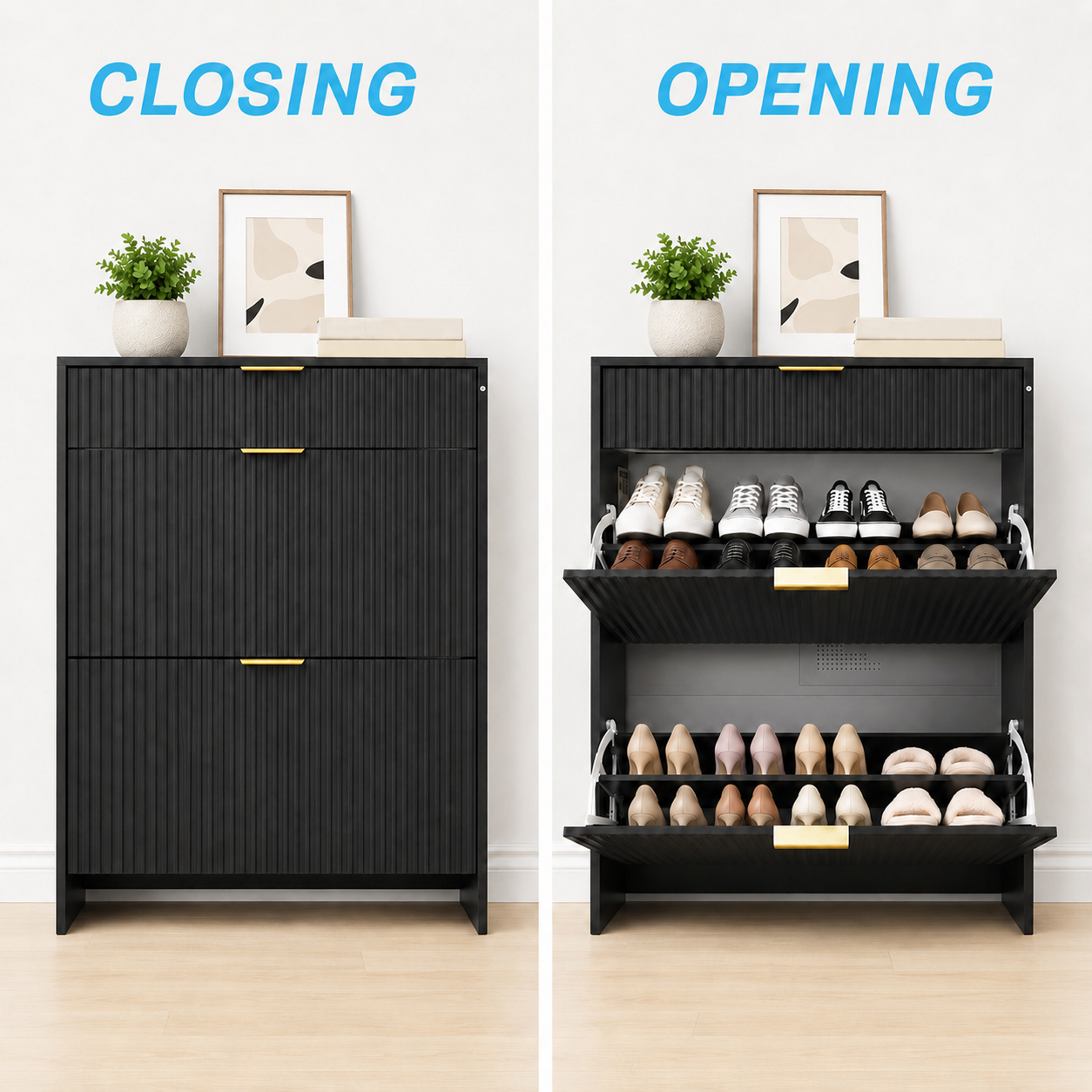 Narrow Fluted Shoe Storage Cabinet for Entryway, Freestanding Drawer Shoe Rack with Gold Pull Handles, Modern Slim Shoe Organizer Cabinet for Hallway Bedroom Closet, Black image 5