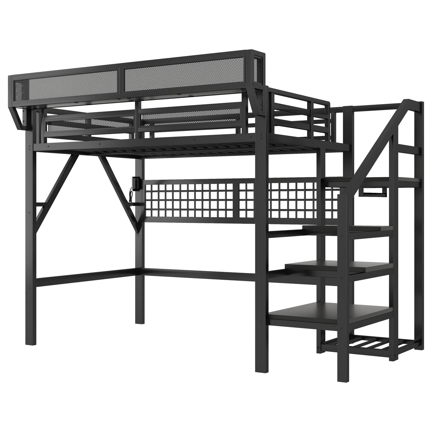 Full Size Loft Bed with Charging Station, Metal Full Loft Bed with Light and Storage, High Loft Bed with Wardrobe and Storage for Kids Teens Adults, Black(Old SKU W2580S00051) image 8
