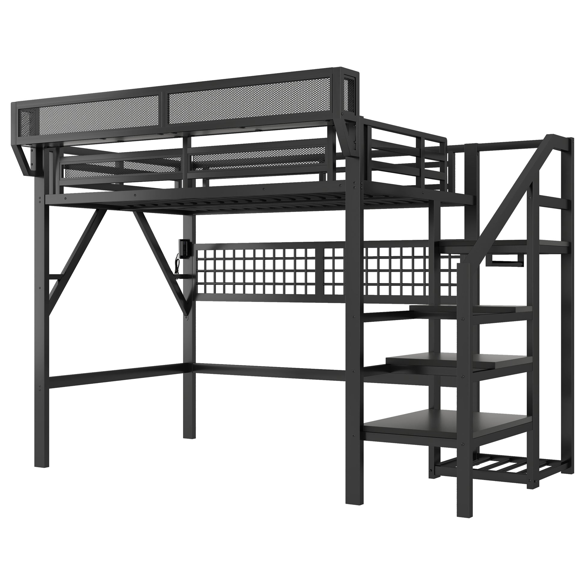 Full Size Loft Bed with Charging Station, Metal Full Loft Bed with Light and Storage, High Loft Bed with Wardrobe and Storage for Kids Teens Adults, Black(Old SKU W2580S00051) image 8