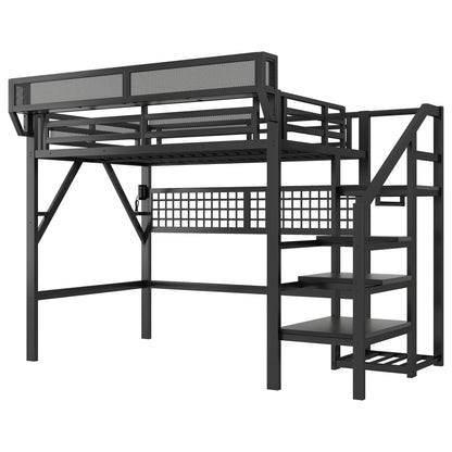 Full Size Loft Bed with Charging Station, Metal Full Loft Bed with Light and Storage, High Loft Bed with Wardrobe and Storage for Kids Teens Adults, Black(Old SKU W2580S00051) image 8