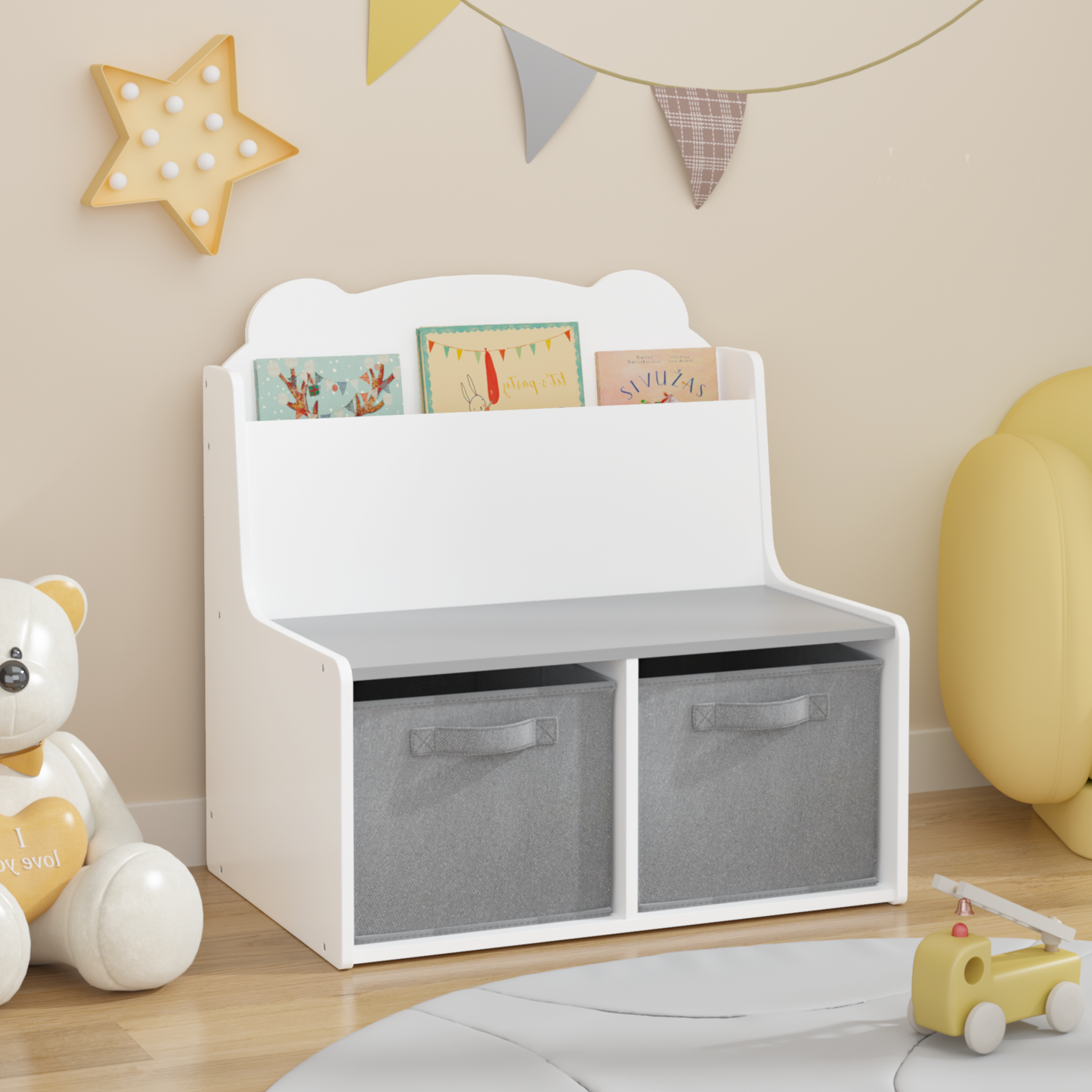 Kids Bookshelf with Storage Bins – Wooden Bookcase with Book Display Shelf and 2 Fabric Bins, Cute Bear-Shaped Backboard, Toy Organizer for Toddlers and Children, White and Gray image 1