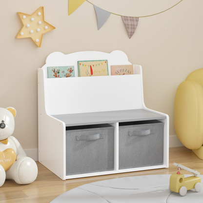Kids Bookshelf with Storage Bins – Wooden Bookcase with Book Display Shelf and 2 Fabric Bins, Cute Bear-Shaped Backboard, Toy Organizer for Toddlers and Children, White and Gray image 1