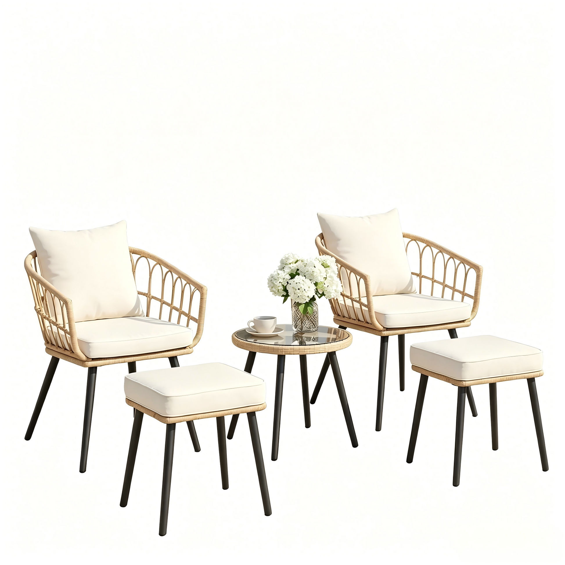 5 Piece Patio Furniture Set, Outdoor Wicker Small Conversation Bistro Set, All-Weather PE Rattan Chairs with Ottoman & Coffee Table, Ideal for Balcony Porch Deck Yard Poolside image 2