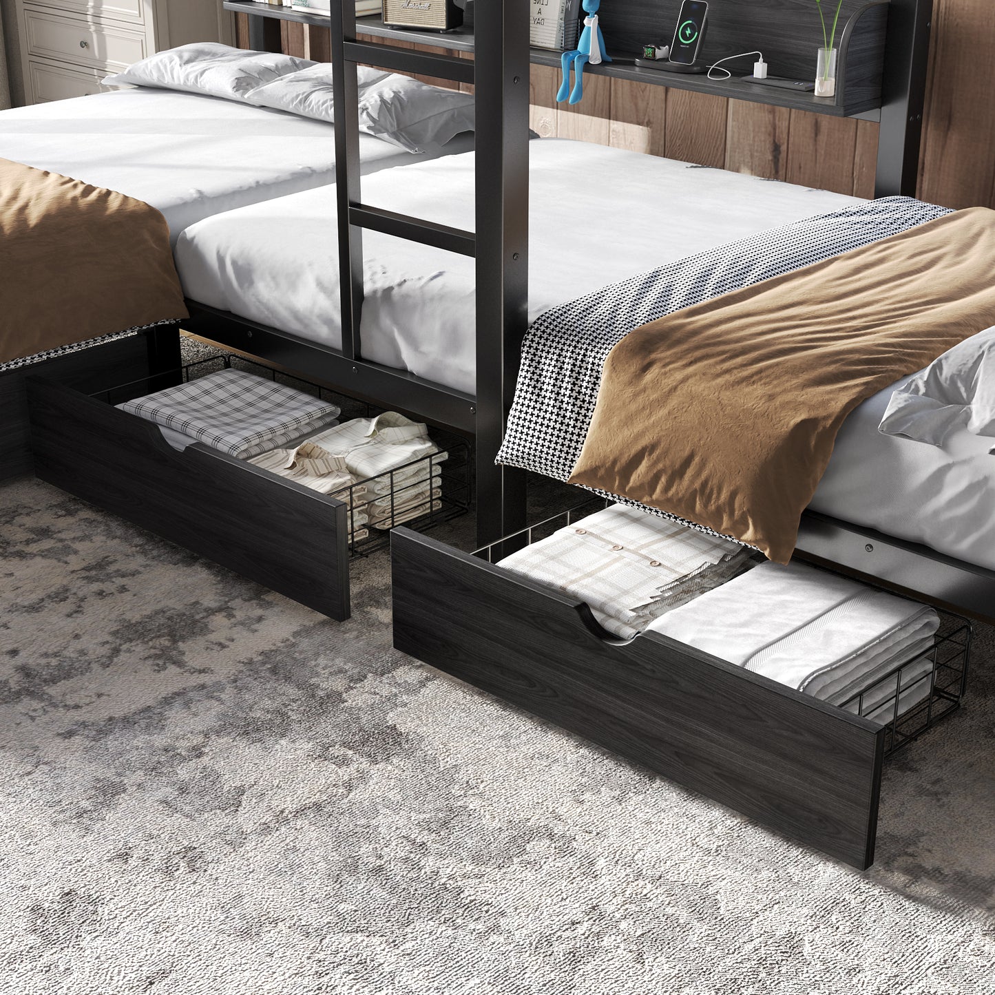 Triple Loft Bed with Storage Shelves and Drawers, Twin over Twin & Twin Loft Bed with Led Lights And Usb Ports, Space-Saving L－Shaped Loft Bed For 3, Black image 7