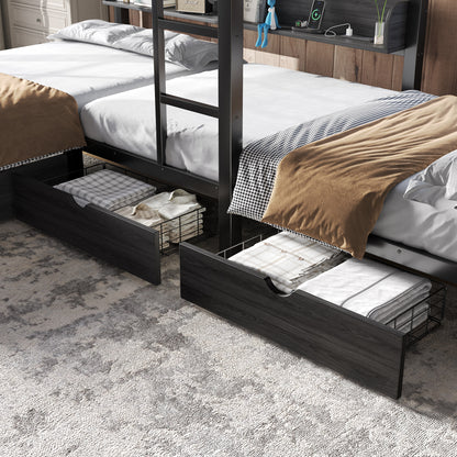 Triple Loft Bed with Storage Shelves and Drawers, Twin over Twin & Twin Loft Bed with Led Lights And Usb Ports, Space-Saving L－Shaped Loft Bed For 3, Black image 7