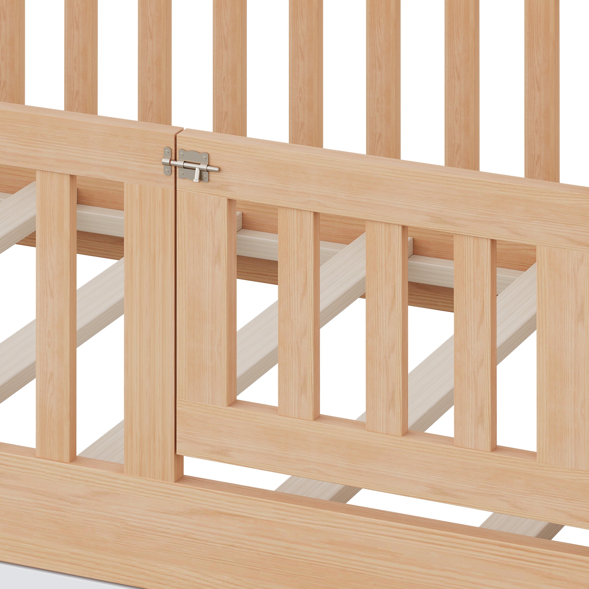 Toddler Bed with Storage Drawers & Lift-Top Chest, Solid Wood Bed with Safety Railings & Gate, Playhouse Bed Frame for Kids, Compatible with standard US toddler mattresses, Natural Wood & White image 6