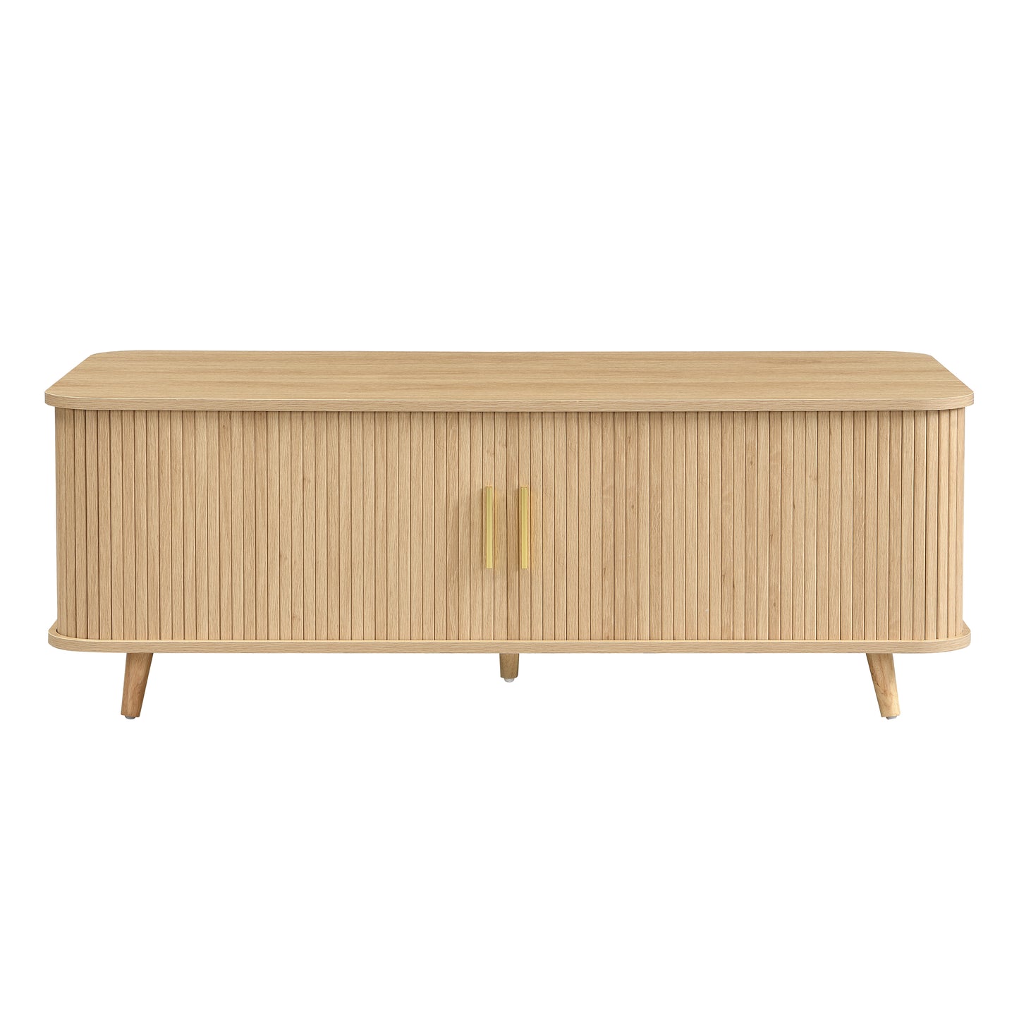 Modern Mid-Century Coffee Table with Storage: Natural Wood Finish, 4 Open Shelves & 2 Doors, For Living Room, Entertainment Center, Home Theater image 8