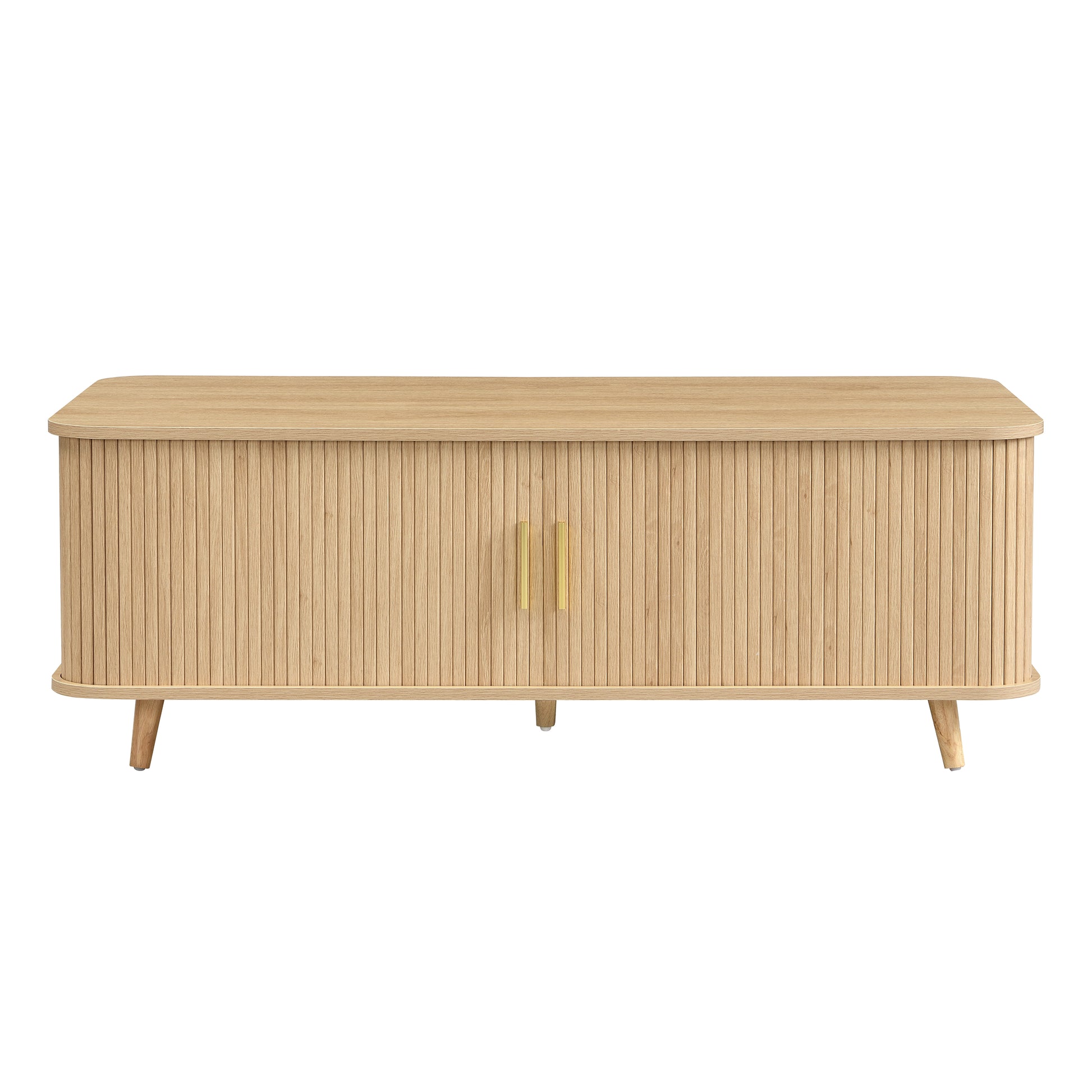 Modern Mid-Century Coffee Table with Storage: Natural Wood Finish, 4 Open Shelves & 2 Doors, For Living Room, Entertainment Center, Home Theater image 8