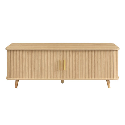 Modern Mid-Century Coffee Table with Storage: Natural Wood Finish, 4 Open Shelves & 2 Doors, For Living Room, Entertainment Center, Home Theater image 8