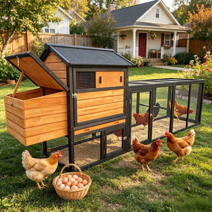 brown+black Wooden Chicken Coop, Large Outdoor Hen House with Run and Nesting Box Poultry Cage, Rabbit Hutch, Waterproof Anti-UV Panel for Backyard image 1