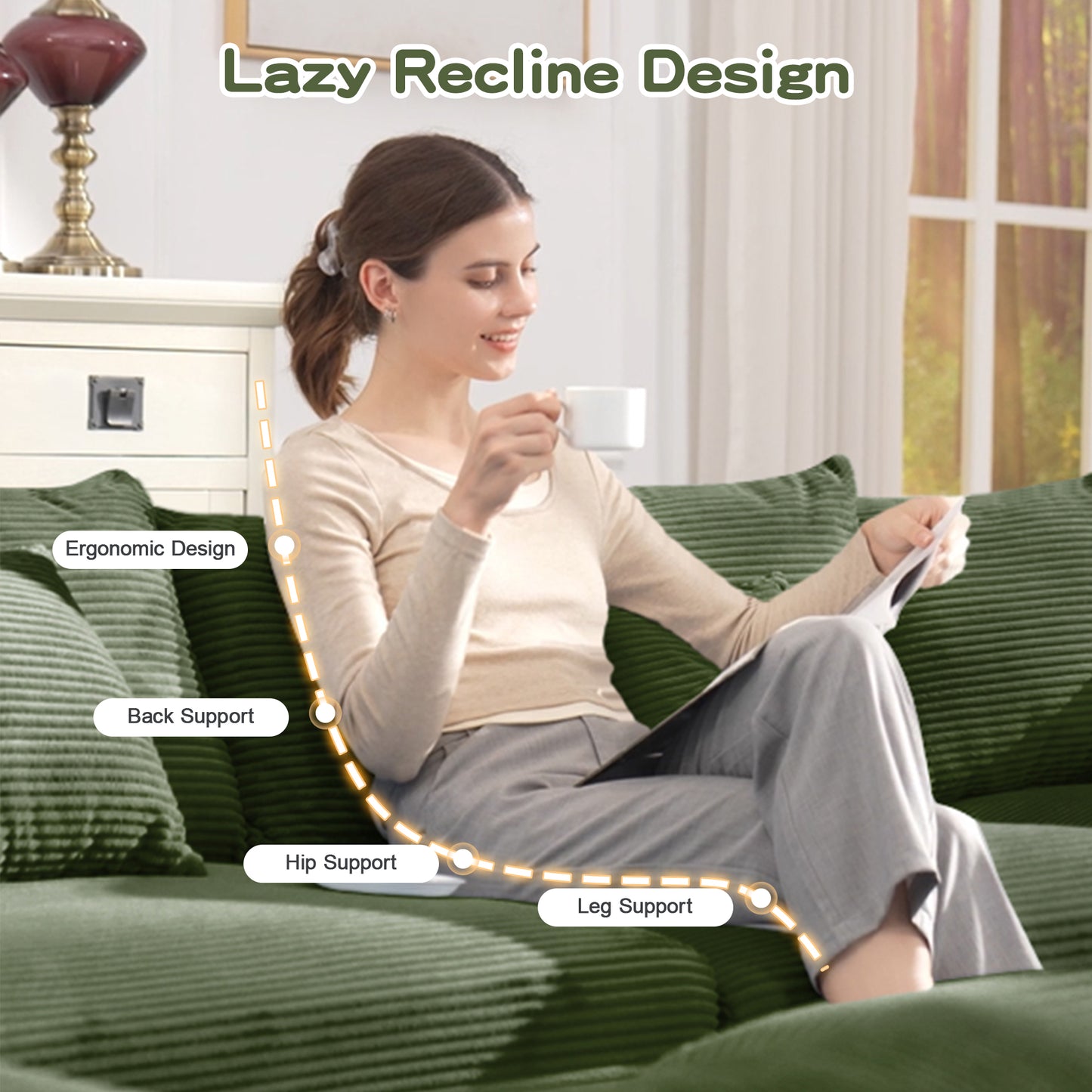 Oversized Cloud Modular Sectional Couch,Convertible Sectional Couches Deep Seat Extra-Wide Armrests, 13 Throw Pillows Premium Corduroy Fabric, Ergonomic Design,Easy Assembly, For Living Rooms,Green image 5