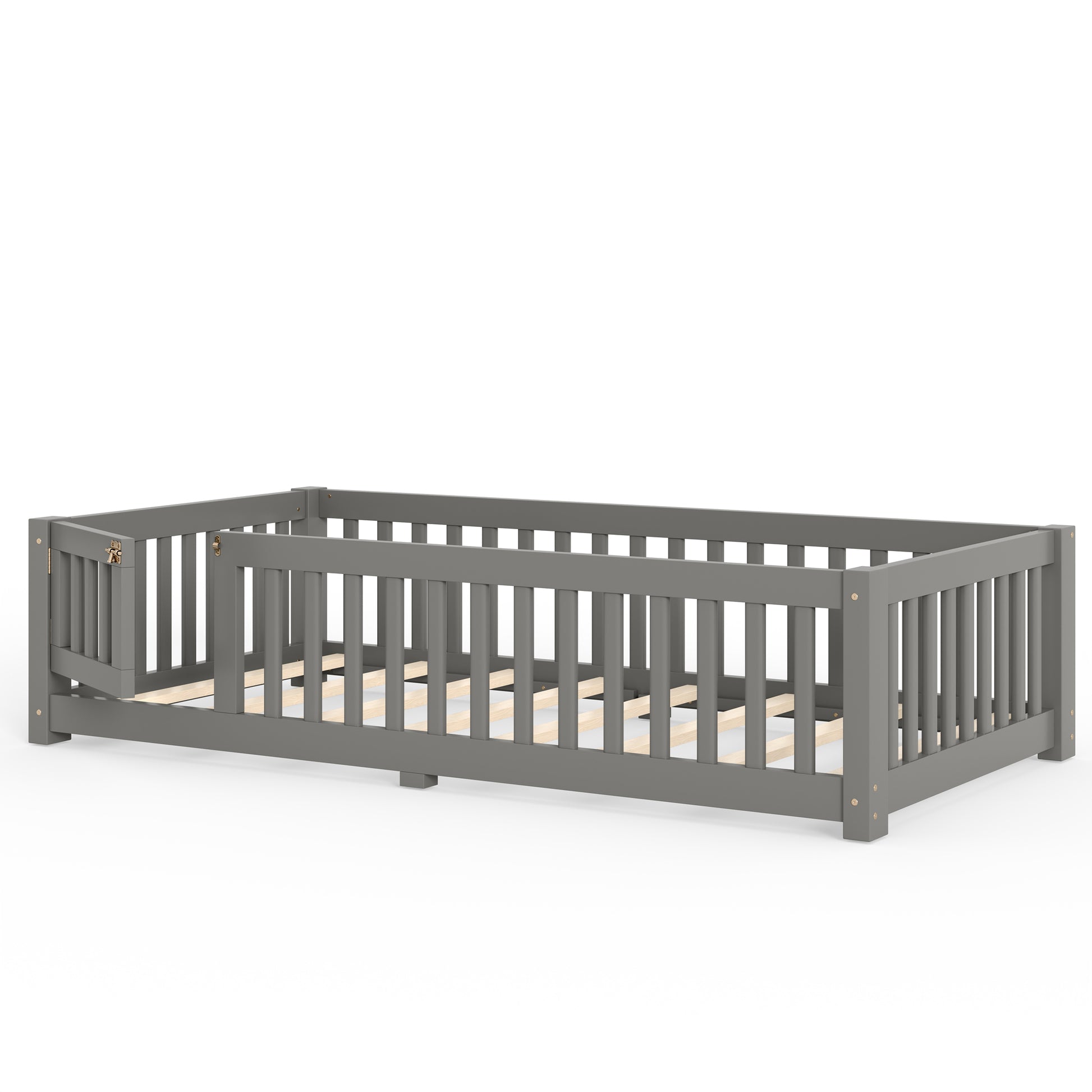 Twin Size Bed Floor Bed with Safety Guardrails and Door for Kids, Gray image 11
